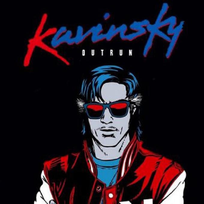 Kavinsky's album, Outrun, as an alternative cover; Kavinsky stands in the center, arms folded. He is a slightly blue-skinned, grey haired man, wearing red sunglasses, a red jacket, and a blue t-shirt